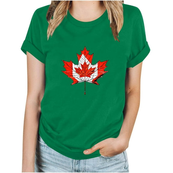 WREESH Patriotic Maple Leaf Graphic Tee Women's Short Sleeve Summer Top with Round Neck Green