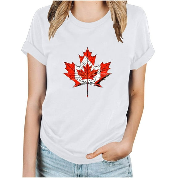 WREESH Patriotic Maple Leaf Graphic Tee Women's Short Sleeve Summer Top with Round Neck White