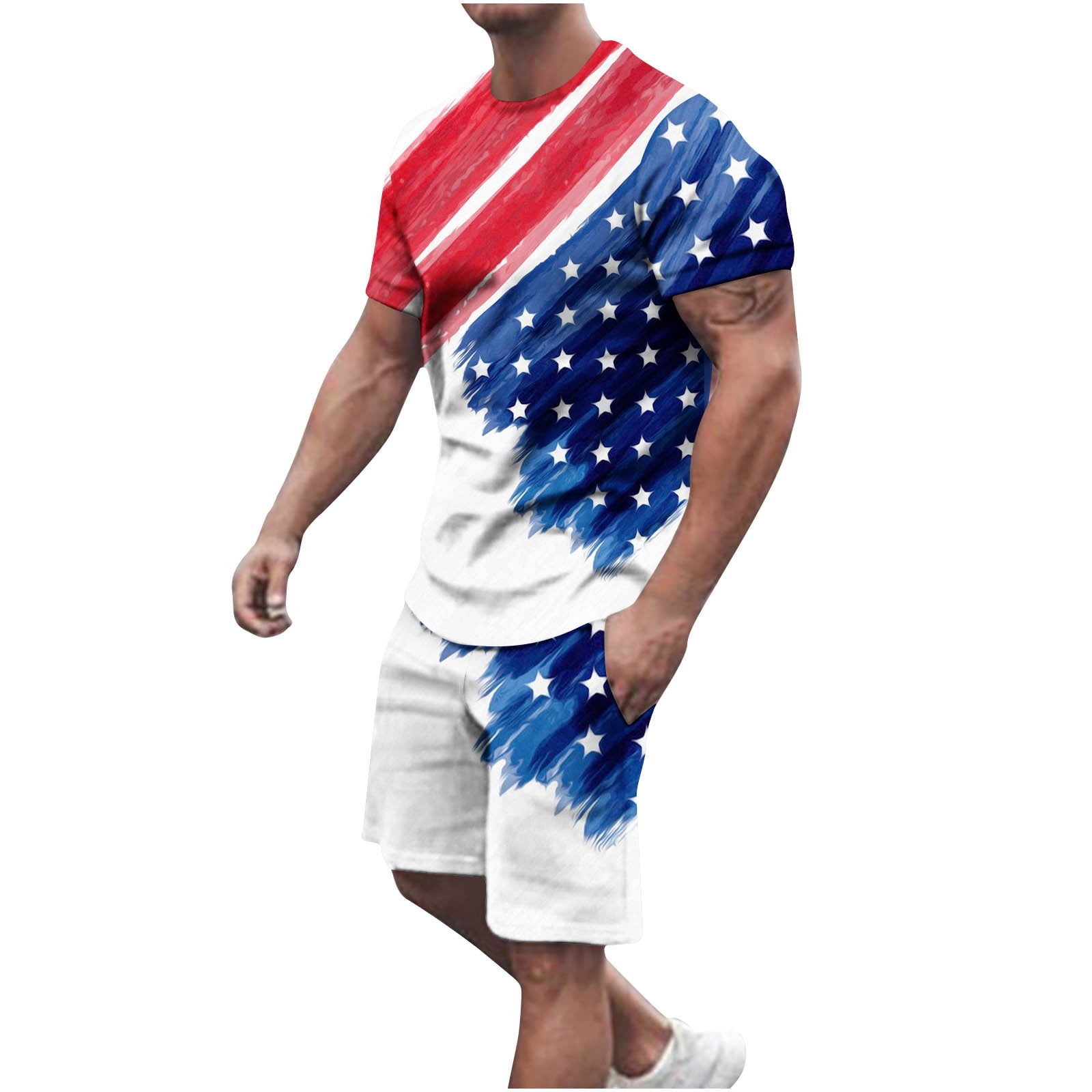 WREESH Patriotic Men's Short Set Round Neck T-Shirt and Elastic Waist ...