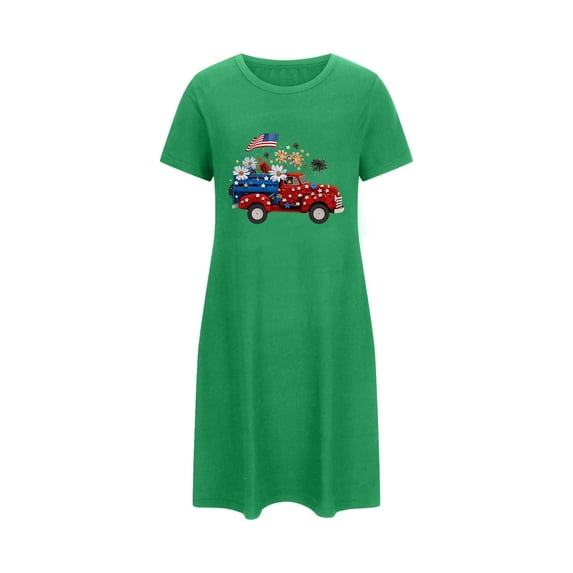 WREESH Patriotic Sleepwear Women's Short Pajama Skirt Independence Day Print Short Sleeves T-Shirt Dresses Green