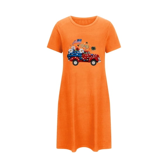 WREESH Patriotic Sleepwear Women's Short Pajama Skirt Independence Day Print Short Sleeves T-Shirt Dresses Orange