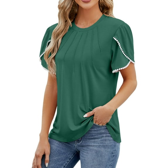 WREESH Petal Sleeve Tunic Top Women's Dressy Casual Round Neck Solid Color Fashion Top Green