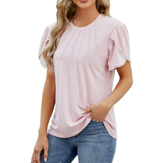 WREESH Petal Sleeve Tunic Top Women's Dressy Casual Round Neck Solid Color Fashion Top Pink