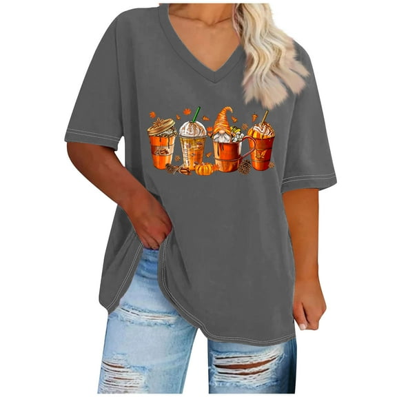 WREESH Plus Size Women Thanksgiving Shirt Ice Cream Graphic Tees Tops Casual Short Sleeve V Neck T Shirts Gray