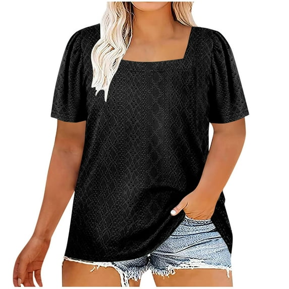 WREESH Plus Size Women's T-Shirts Solid Color Square Neck Short Sleeve Loose Tops Black