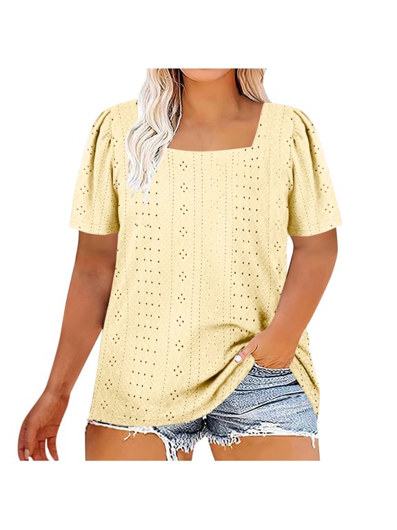 Plus Size Women's T-Shirts Solid Color Square Neck Short Sleeve Loose Tops Yellow