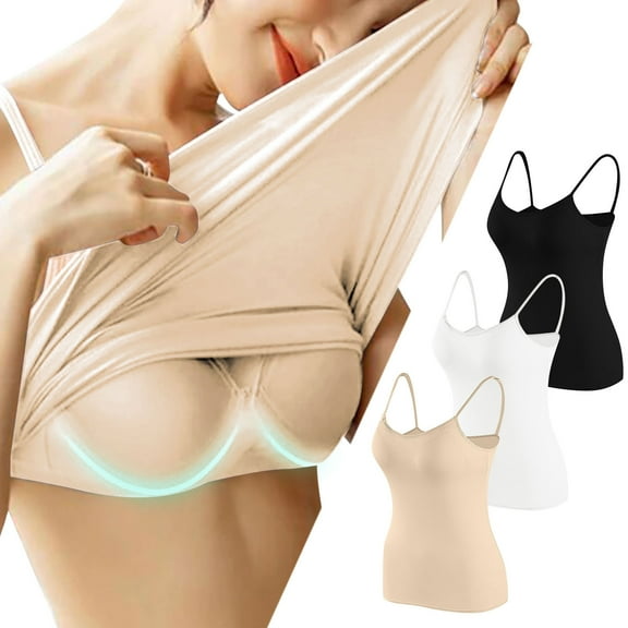 WREESH Shelf Bra Camisole Tops for Women Built-In Bra Spaghetti Strap Tank Top Basic Breathable Undershirt 3 Pack Beige