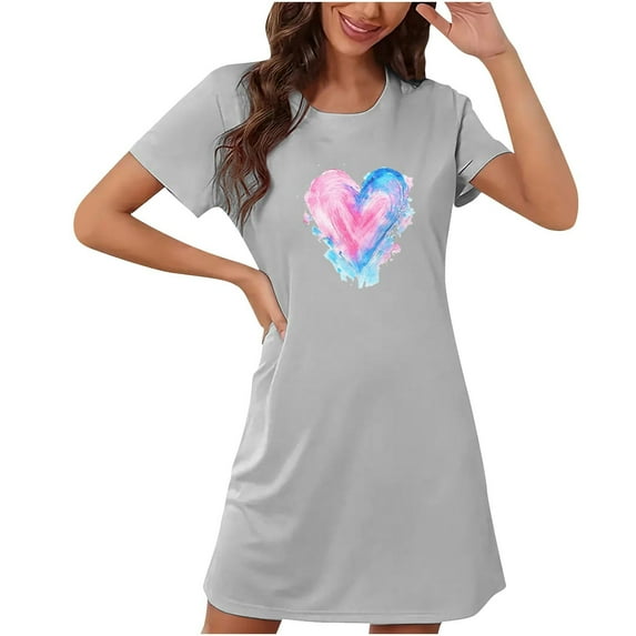 WREESH Sleep Shirts for Women Valentine's Day Short Sleepshirts with Heart Print for Casual and Comfy Sleepwear Gray
