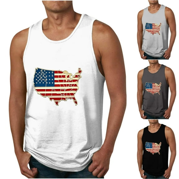 WREESH Sleeveless Crew Neck T-Shirt for Men Casual Sports Tank Tops Patriotic Print Summer Fashion White