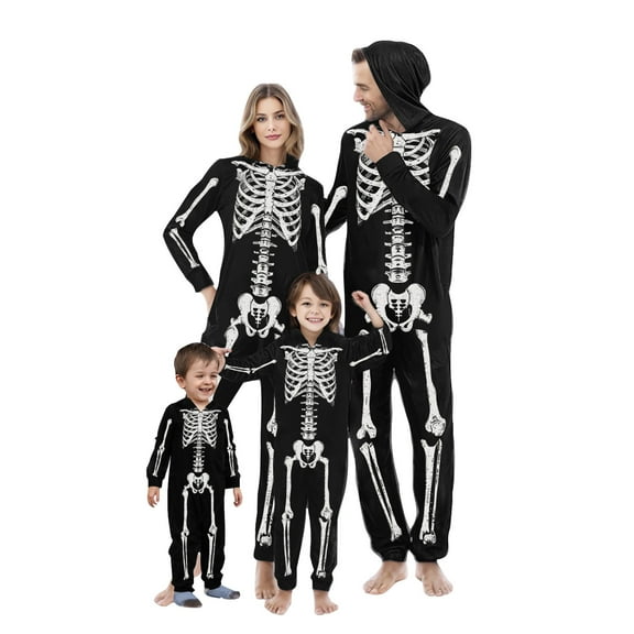 WREESH 2025 Womens Skeleton Hooded Onesie Halloween Family Matching Pajamas Zipper Jumpsuit Cozy Fleece Holiday Sleepwear