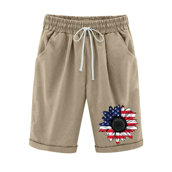 WREESH Summer Casual Shorts for Women 4th of July Print Elastic Waist with Pockets Lightweight Shorts Khaki