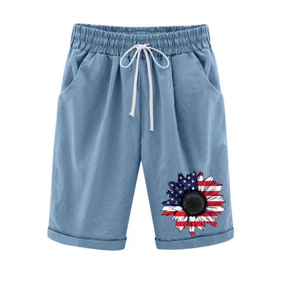 WREESH Summer Casual Shorts for Women 4th of July Print Elastic Waist with Pockets Lightweight Shorts Light Blue