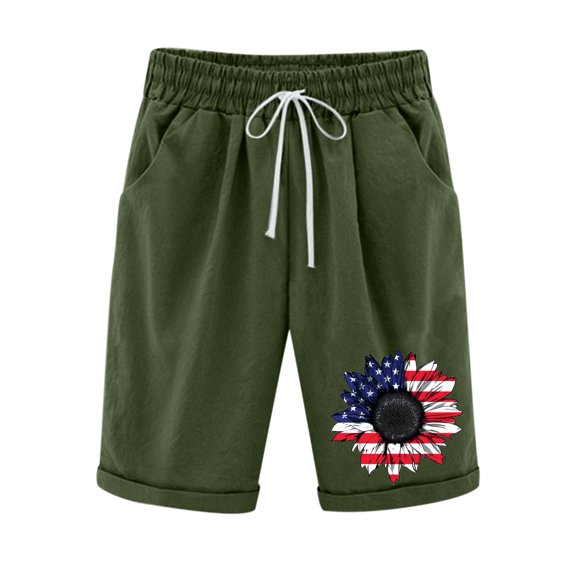 WREESH Summer Casual Shorts for Women 4th of July Print Elastic Waist with Pockets Lightweight Shorts Olive Green