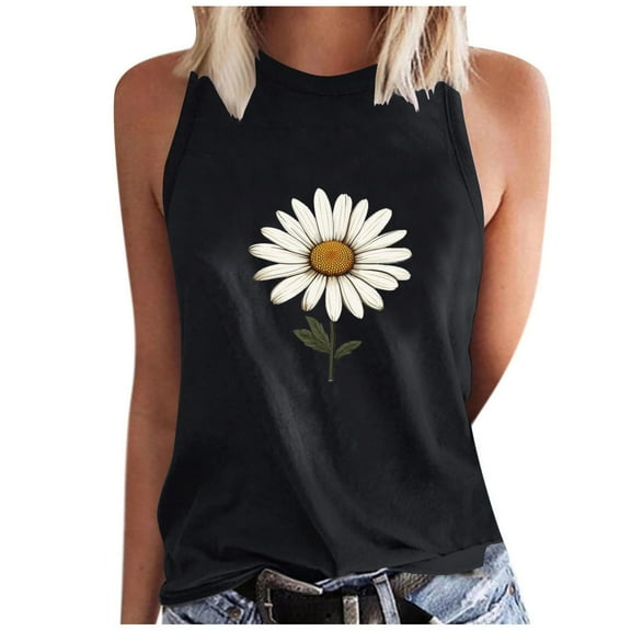 WREESH Summer Tops Women's Fashion Crew Neck Tank Top with Floral Print Sleeveless Shirts Black