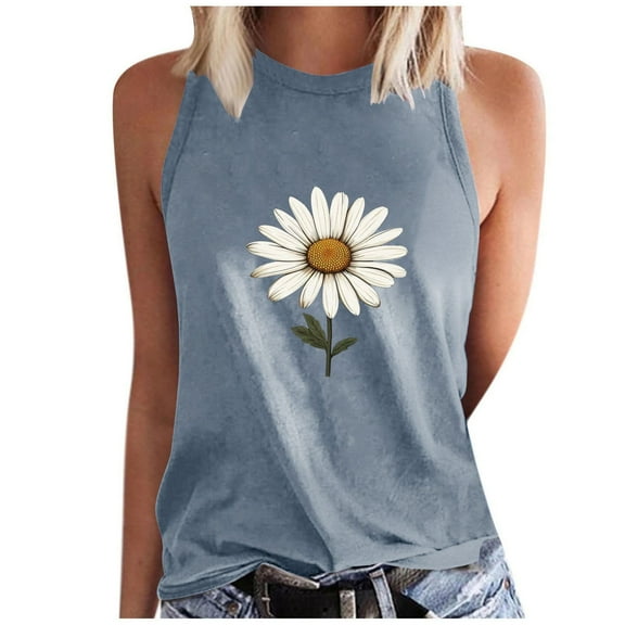 WREESH Summer Tops Women's Fashion Crew Neck Tank Top with Floral Print Sleeveless Shirts Gray