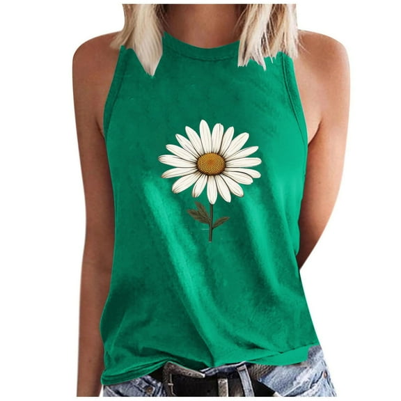 WREESH Summer Tops Women's Fashion Crew Neck Tank Top with Floral Print Sleeveless Shirts Green