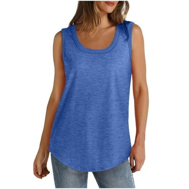 WREESH Summer Womens Tank Tops Solid Color Round Neck Sleeveless Casual Tee Tops Tank Blue