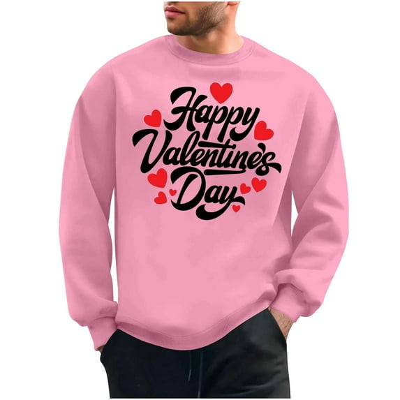 WREESH Sweatshirt for Men Graphic Happy Valentines Day Heart Printed Crewneck Pullover Sweatshirts Casual Spring Tops Pink