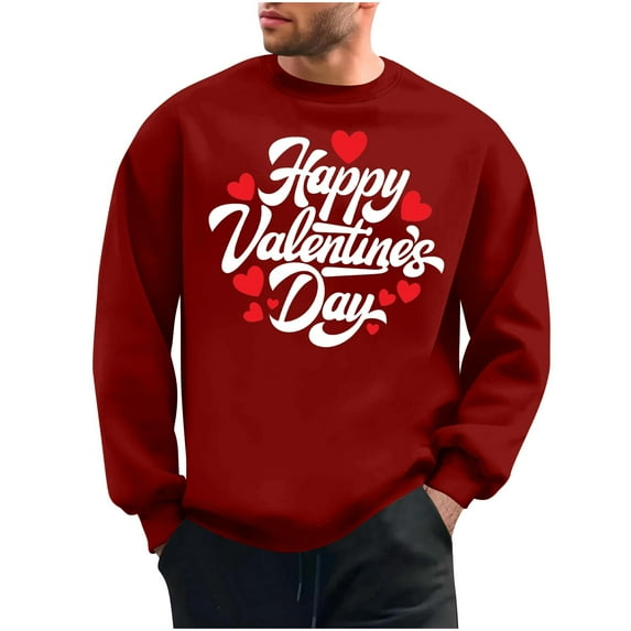 WREESH Sweatshirt for Men Graphic Happy Valentines Day Heart Printed Crewneck Pullover Sweatshirts Casual Spring Tops Red