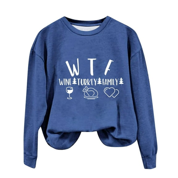 WREESH Teen Girl's Casual Tops WTF Thanksgiving Crewneck Sweatshirts with Letter Graphic, Fall Tops for Women 2025 Blue