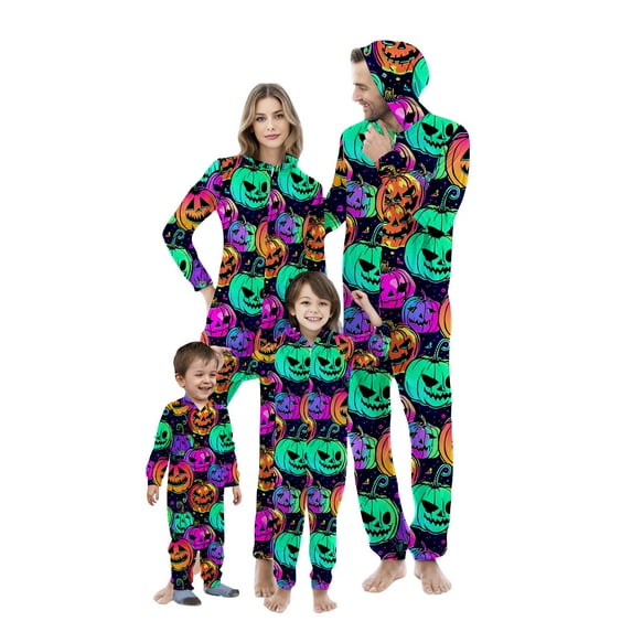 WREESH 2025 Womens Pumpkin Hooded Jumpsuit Thanksgiving Halloween Pajamas Family Matching Set Zipper Onesie Holiday Sleepwear