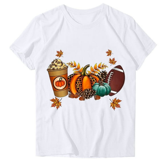 WREESH Thanksgiving Shirts for Women Casual Crew Neck Tees Short Sleeve Graphic T-Shirts Fall Tops 2025 White