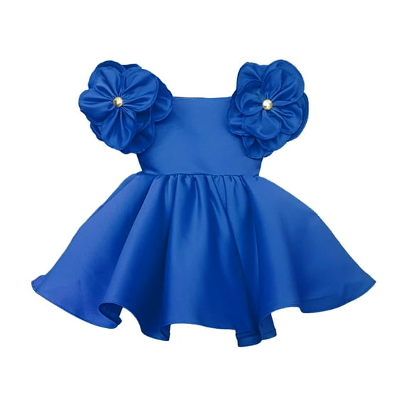 WREESH Toddler Girls Birthday Party Gowns Retro 3D Flowers Dress Kids Solid Color Short Sleeve Dresses Baby Clothes Blue
