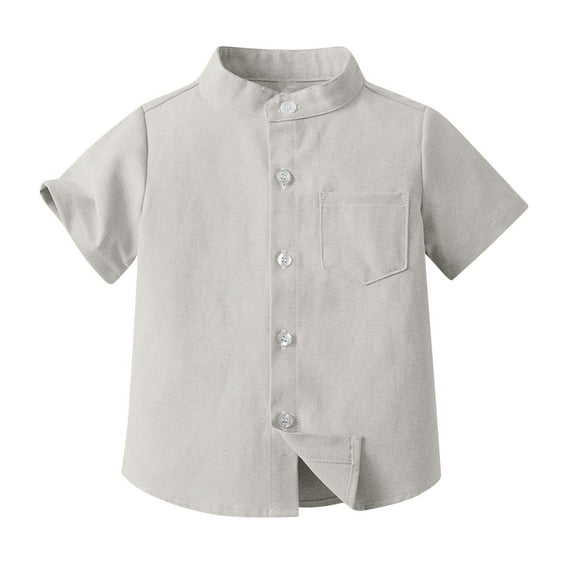 WREESH Toddler Kids Boys Button Down Shirt Spring Summer Cute Print Boys Short Sleeve Stand-Up Collar Blouse Gray