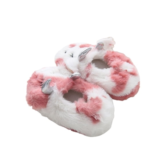 WREESH Toddler and Kids Girls' Winter Fuzzy Cow Slippers: Warm Indoor Bedroom Shoes with Slip-On Design and Cotton Softness Pink