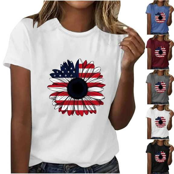 WREESH Trendy 4th of July Shirts for Women Sunflower Print T-Shirt Crew Neck Short Sleeve Summer Collection Black
