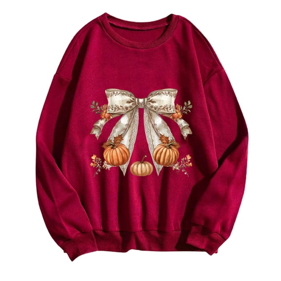 WREESH Trendy Fall Sweatshirts for Women 2025, Bow Printed Crewneck Sweatshirts, Loose Casual Pullover Tops Teen Girl Clothes Red