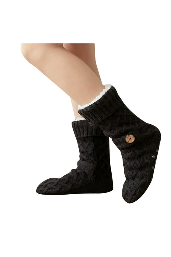 Unisex Long Socks Running Socks Winter Thick Slipper With Grippers Non Slip Warm Fuzzy Black