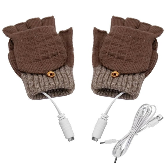 WREESH Unisex Usb Heated Winter Gloves Fashion Cold Warm Heating Windproof Half Bare Finger Knit Gloves for Men and Women Khaki