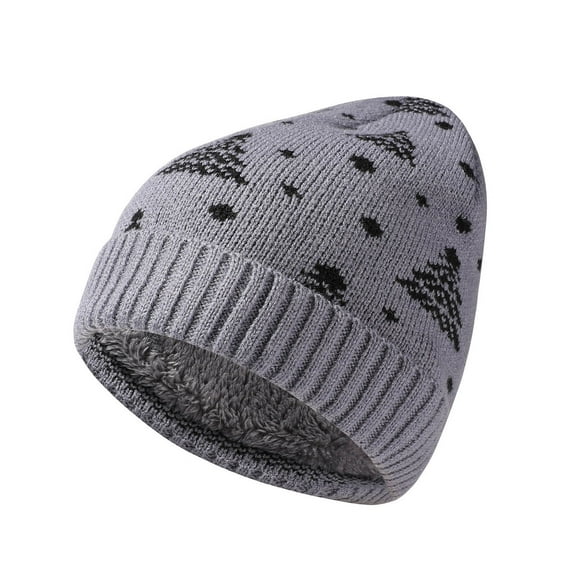WREESH Unisex Winter Christmas Beanie Fleece Thicken Double Layer Warm Red Christmas Tree Knitted Hat Gray