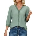 thumbnail image 1 of WREESH V-Neck Lace Crochet Blouse Women's Dressy Casual 3/4 Sleeve Tunic Top in Solid Colors Green, 1 of 6