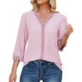 thumbnail image 1 of WREESH V-Neck Lace Crochet Blouse Women's Dressy Casual 3/4 Sleeve Tunic Top in Solid Colors Pink, 1 of 6