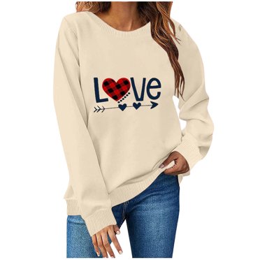 WREESH Valentine's Day Sweatshirt for Men Love Letter Printed Crewneck Pullover Tops Anniversary Gifts for Couple Beige