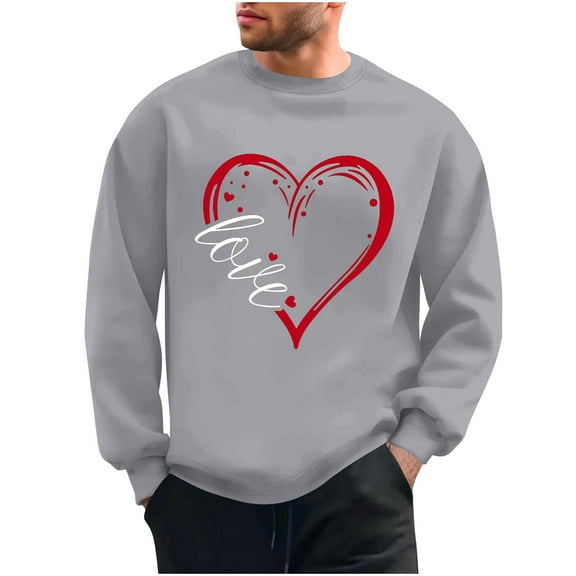 WREESH Valentine's Sweatshirts for Men Oversized Crewneck Sweatshirts Loose Casual Heart Love Graphic Pullover Tops Spring Shirt Gray