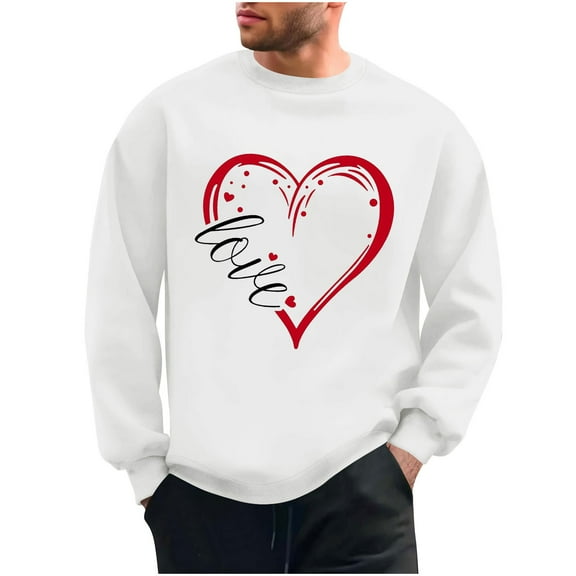 WREESH Valentine's Sweatshirts for Men Oversized Crewneck Sweatshirts Loose Casual Heart Love Graphic Pullover Tops Spring Shirt White