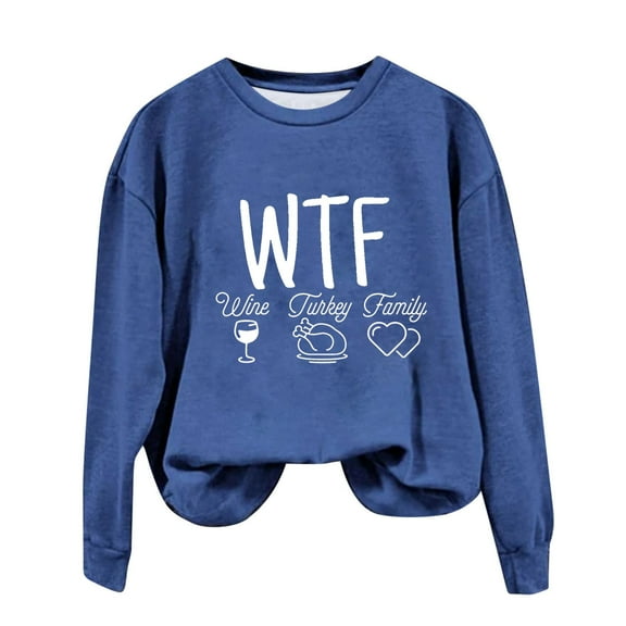 WREESH WTF Thanksgiving Sweatshirt Women's Crewneck Wine Turkey Family Sweatshirt Fashion Letter Graphic Casual Fall Tops 2025 Teen Girl Clothes Blue