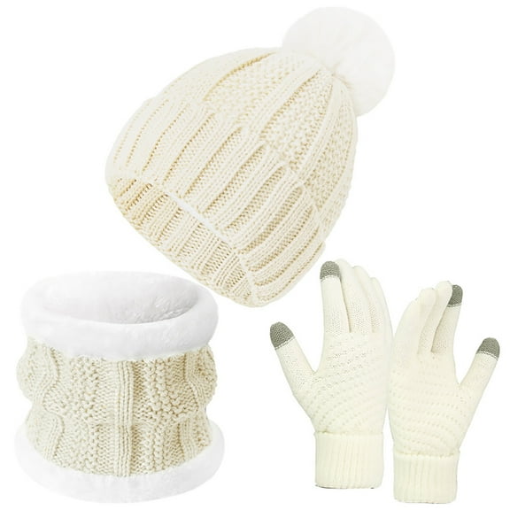 WREESH Winter Knitted Warm Gloves, Hats, and Scarves Set Thick Velvet, Three Piece Suit With Beanie and Neck Warmers White