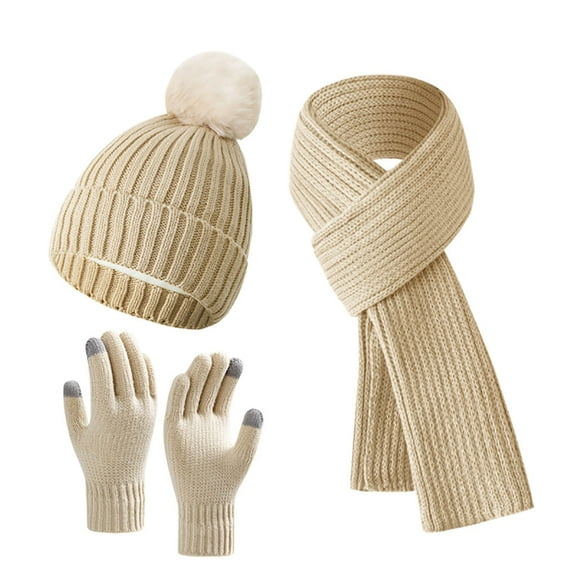 WREESH Winter Knitted Warm Gloves, Hats, and Scarves Set Thick Velvet, Three Piece Suit With Long Beanie Beige