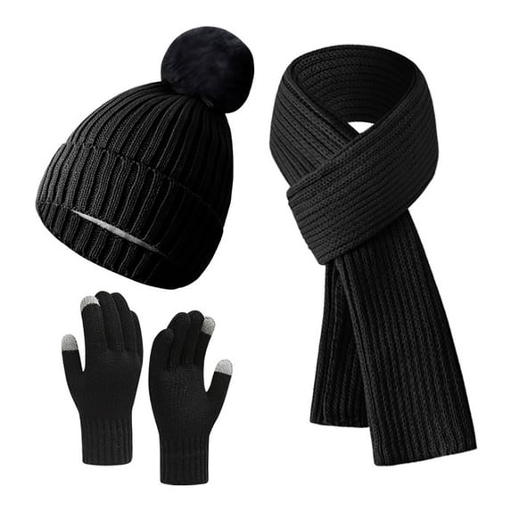 WREESH Winter Knitted Warm Gloves, Hats, and Scarves Set Thick Velvet, Three Piece Suit With Long Beanie Black