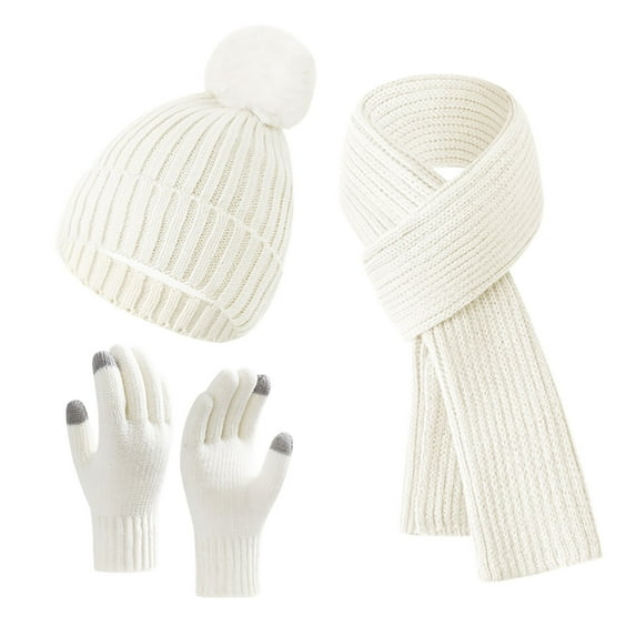 WREESH Winter Knitted Warm Gloves, Hats, and Scarves Set Thick Velvet, Three Piece Suit With Long Beanie White