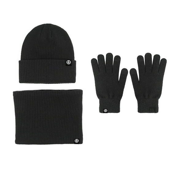 WREESH Winter Knitted Warm Gloves, Hats, and Scarves Set Thick Velvet With Beanie and Neck Warmers Black