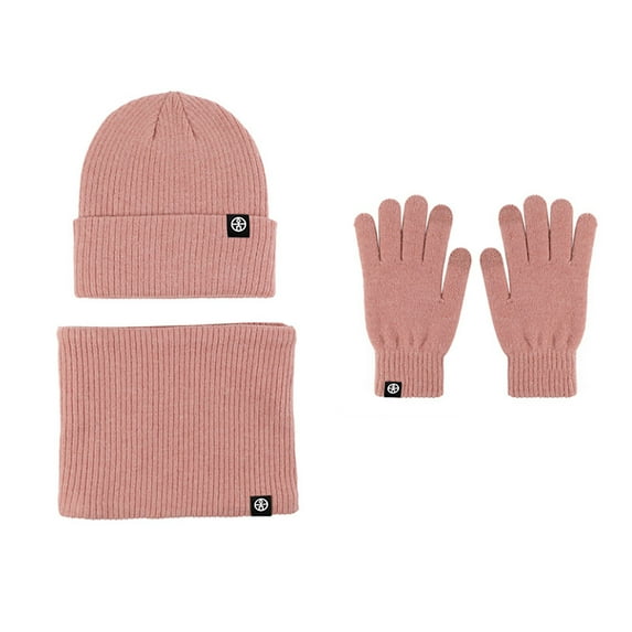 WREESH Winter Knitted Warm Gloves, Hats, and Scarves Set Thick Velvet With Beanie and Neck Warmers Pink