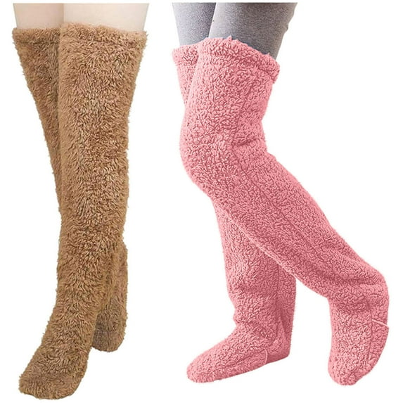 WREESH Women Fashion Thigh High Socks Over Knee Stockings 2 Pairs High Fuzzy Socks Over Knee Winter Leg Warmers Plush Slipper Socks For Christmas Home Sleeping Brown