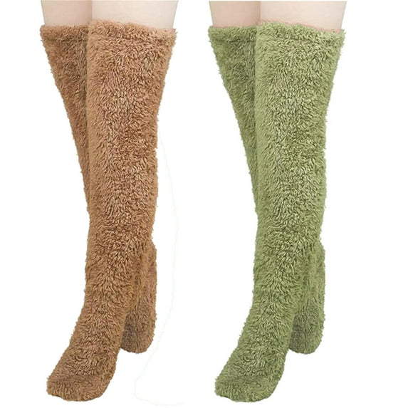 WREESH Women Fashion Thigh High Socks Over Knee Stockings 2 Pairs High Fuzzy Socks Over Knee Winter Leg Warmers Plush Slipper Socks For Christmas Home Sleeping Green