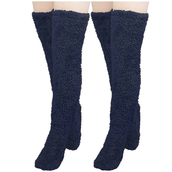WREESH Women Fashion Thigh High Socks Over Knee Stockings High Fuzzy Socks Over Knee Winter Leg Warmers Plush Slipper Socks For Christmas Home Sleeping 2 Pairs Socks Navy