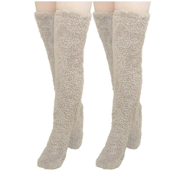 WREESH Women Fashion Thigh High Socks Over Knee Stockings High Fuzzy Socks Over Knee Winter Leg Warmers Plush Slipper Socks For Christmas Home Sleeping 2 Pairs Socks Beige